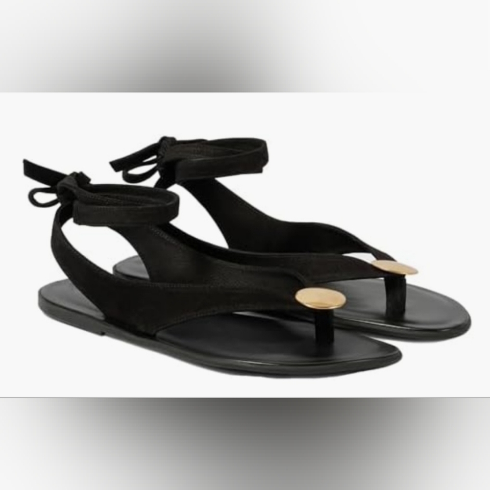 Black Faux Suede Ankle Wrap Thong Sandals w/ Gold Hardware Accent- Size 8.5 NEW
